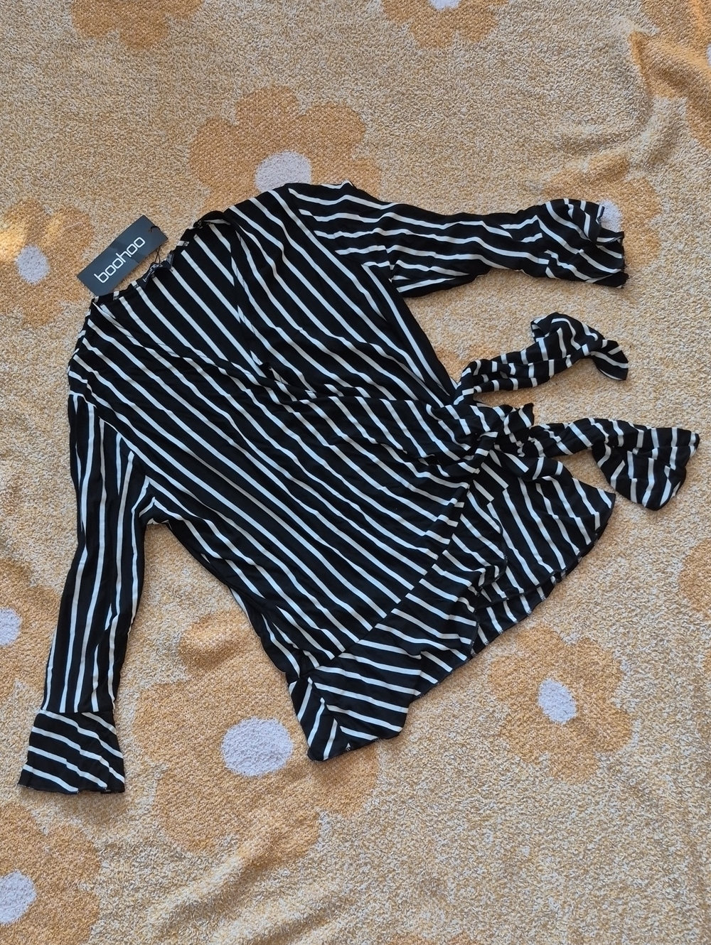 Boohoo Black & White Striped Wrap Blouse